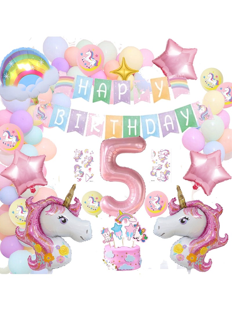 5th Birthday Decoration 43in Unicorn Birthday Balloons for Girls,Pink Unicorn Rainbow Balloon Graland,Unicorn Party Supplies,Happy Birthday Banner,Cake Toppers,Tattoo Tickers  - Image 1