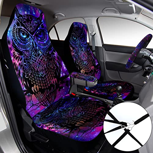 Riakrum 15 Pcs Purple Colorful Owl Car Seat Covers Full Set Space Cats Car Covers for Front Rear Seat Steering Wheel Wrist Strap Armrest Pad Shoulder Pads - Image 3