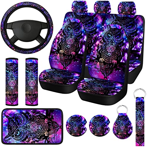 Riakrum 15 Pcs Purple Colorful Owl Car Seat Covers Full Set Space Cats Car Covers for Front Rear Seat Steering Wheel Wrist Strap Armrest Pad Shoulder Pads - Image 1