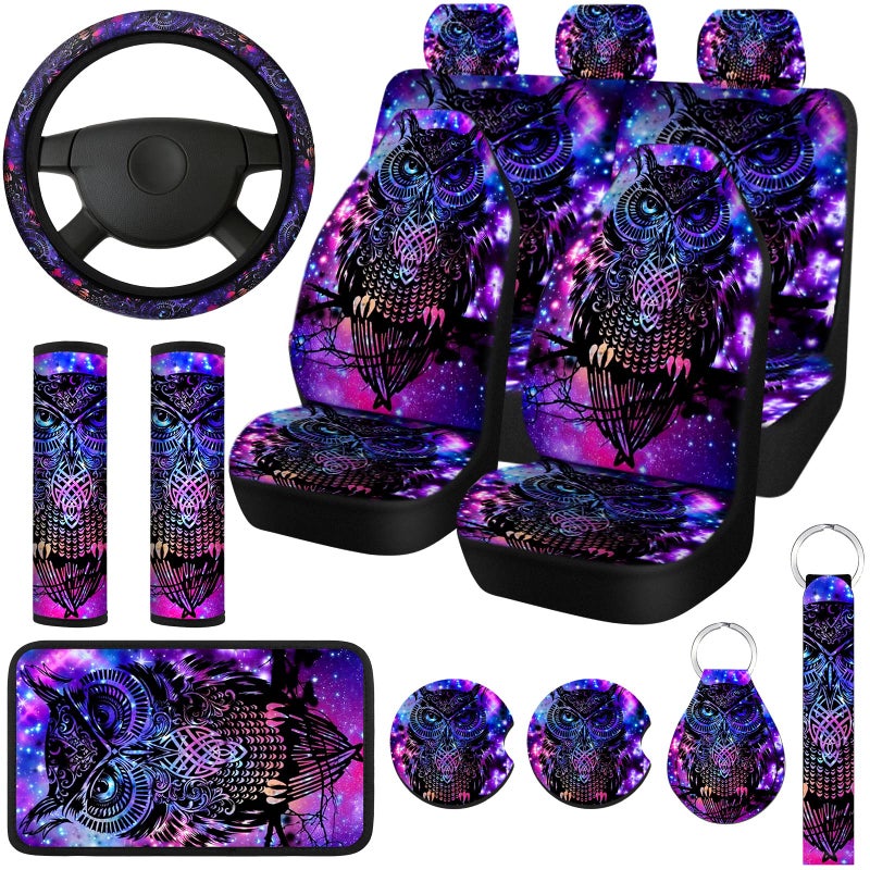 Riakrum 15 Pcs Purple Colorful Owl Car Seat Covers Full Set Space Cats Car Covers for Front Rear Seat Steering Wheel Wrist Strap Armrest Pad Shoulder Pads - Image 2