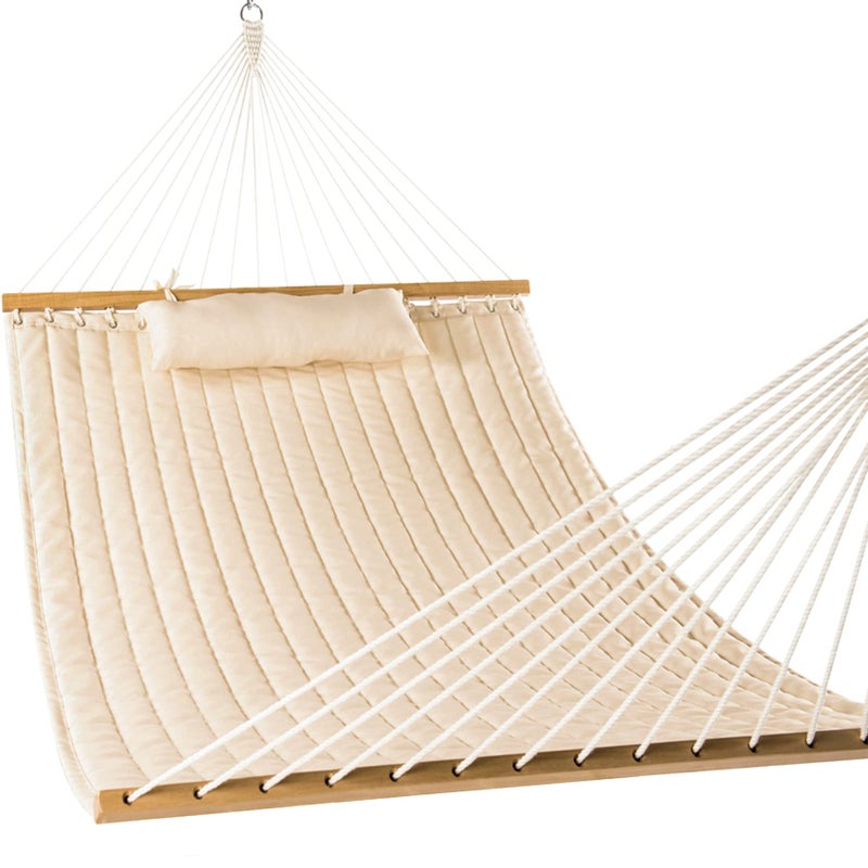 Lazy Daze Hammocks 12 FT Double Quilted Fabric Hammock with Spreader Bars and Detachable Pillow, 2 Person Hammock for Outdoor Patio Backyard Poolside, 450 LBS Weight Capacity, Natural - Image 1