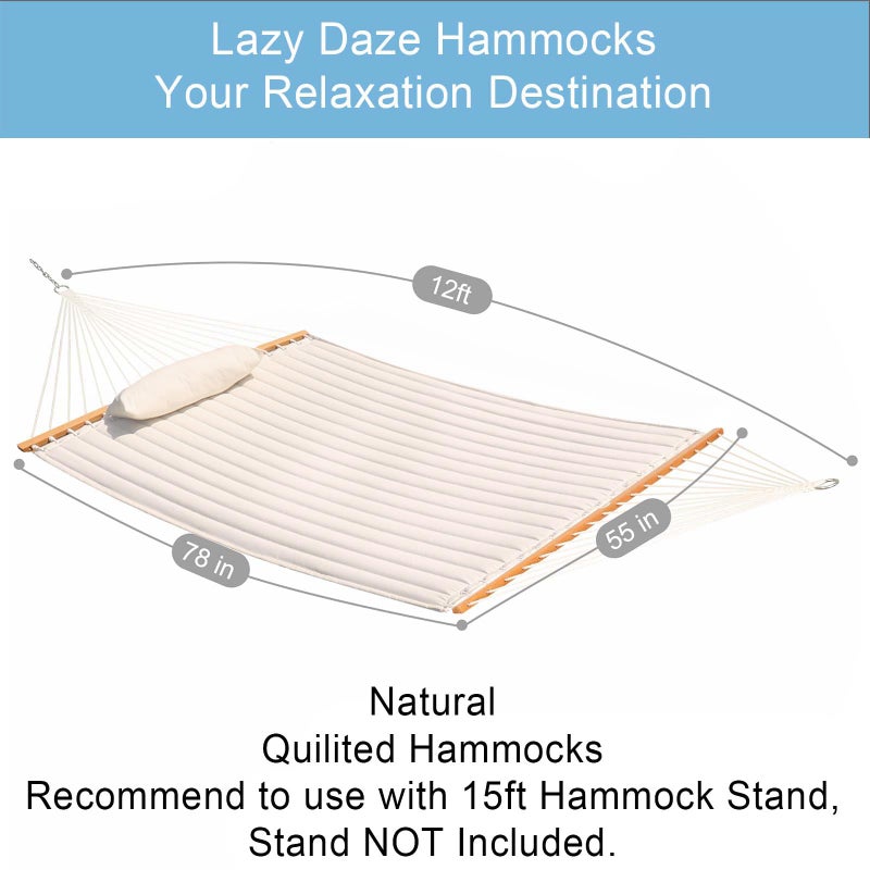 Lazy Daze Hammocks 12 FT Double Quilted Fabric Hammock with Spreader Bars and Detachable Pillow, 2 Person Hammock for Outdoor Patio Backyard Poolside, 450 LBS Weight Capacity, Natural - Image 5