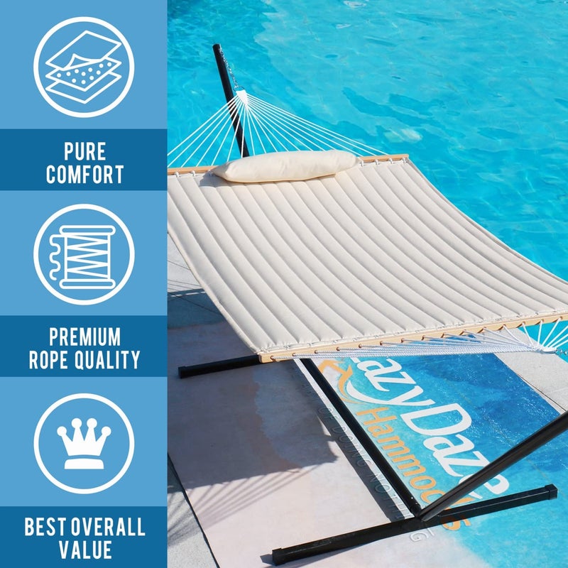 Lazy Daze Hammocks 12 FT Double Quilted Fabric Hammock with Spreader Bars and Detachable Pillow, 2 Person Hammock for Outdoor Patio Backyard Poolside, 450 LBS Weight Capacity, Natural - Image 2