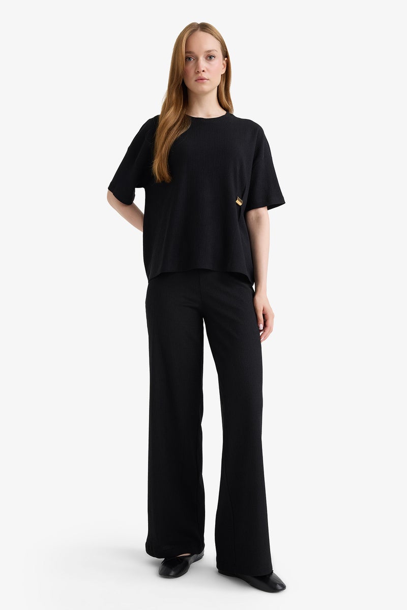 DeFacto Black Woman Straight Fit Waffle Trousers Casual - Image 2
