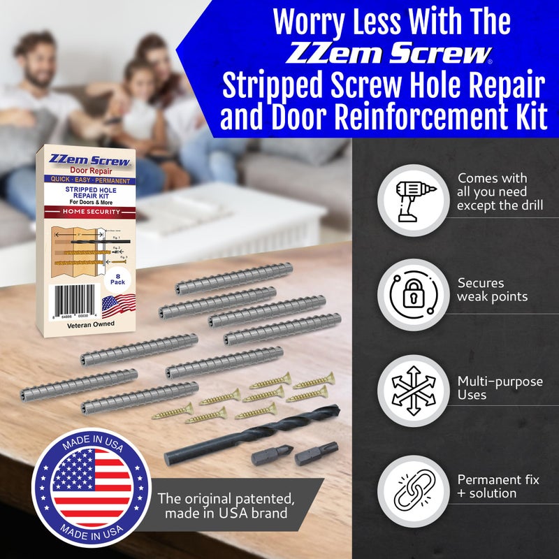 ZZEM SCREW 8-Pk - #9X3 Steel Screws Permanent Door Hinge Repair Kit - Easy Stripped Screw Hole Repair - Reinforce Door Hinges  Strike Plates & Door Jamb Repair - Quickly Fix Stripped Hinge Screws - Made In Usa - Image 5