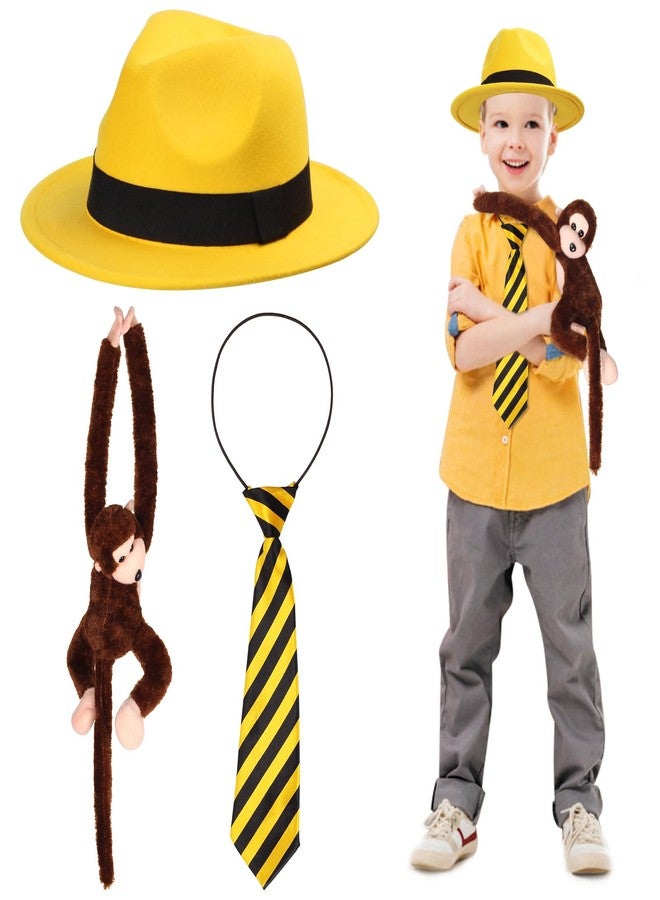 Yewong 3 Pieces Kids Yellow Hat Costume Accessories Set Fedora Hat with Hanging Monkey Necktie for Birthday Halloween Party (Set A) - Image 1