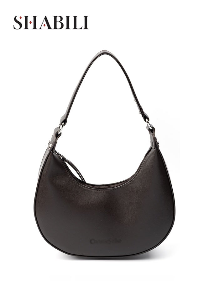 Women's PU Crescent Handbag for Daily Commuting and Outings, Ladies Bag Minimalist Shoulder Bag with Smooth Zipper Closure, Tote Bags Style Carry Bag Design for Work Shopping Travel (Dark Brown)
