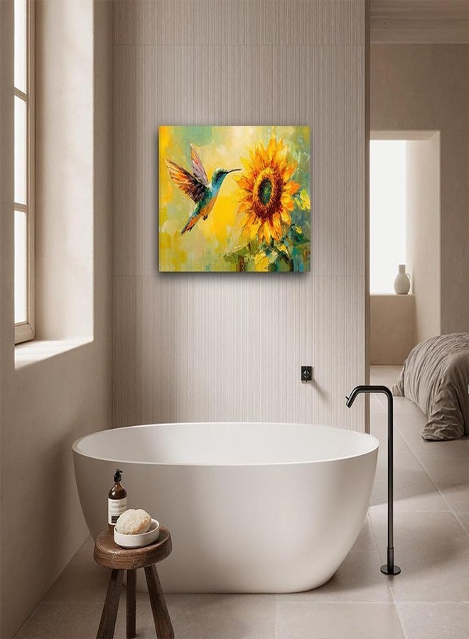 Shrandi Colorful Sunflower Wall Art Country Sunflower Hummingbird Pictures Print Spring Flower Wall Decor for Farmhouse Living Room Bathroom Bedroom Home Decoration 12*18 In(Stretched Canvas on A Wooden Frame) - Image 4