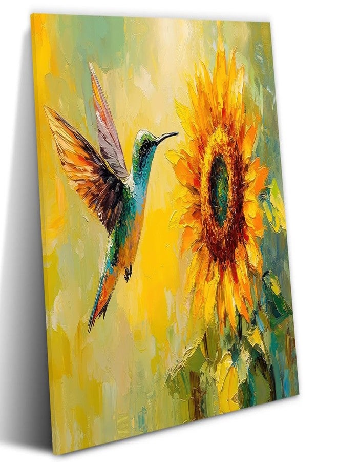 Shrandi Colorful Sunflower Wall Art Country Sunflower Hummingbird Pictures Print Spring Flower Wall Decor for Farmhouse Living Room Bathroom Bedroom Home Decoration 12*18 In(Stretched Canvas on A Wooden Frame) - Image 1