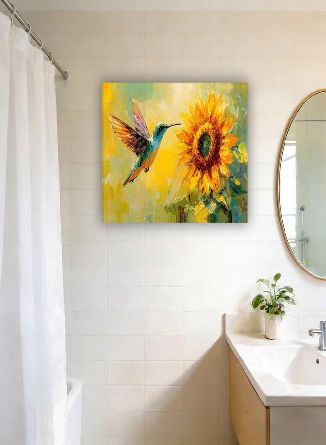 Shrandi Colorful Sunflower Wall Art Country Sunflower Hummingbird Pictures Print Spring Flower Wall Decor for Farmhouse Living Room Bathroom Bedroom Home Decoration 12*18 In(Stretched Canvas on A Wooden Frame) - Image 2