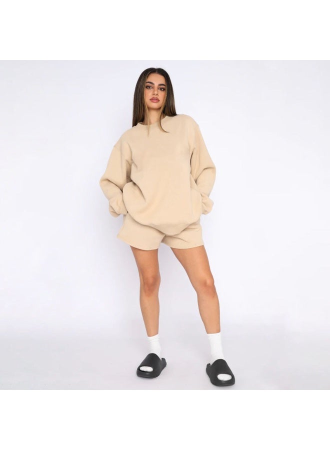 NIBEMINENT Women Suits Casual Fashion Solid O Neck Long Sleeve Sweatshirt High Waist Shorts  Autumn Simple Tracksuit - Image 3