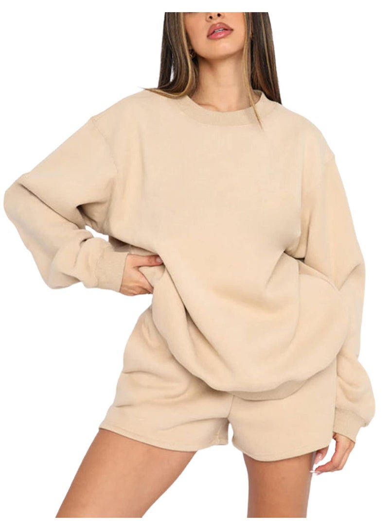 NIBEMINENT Women Suits Casual Fashion Solid O Neck Long Sleeve Sweatshirt High Waist Shorts  Autumn Simple Tracksuit - Image 1