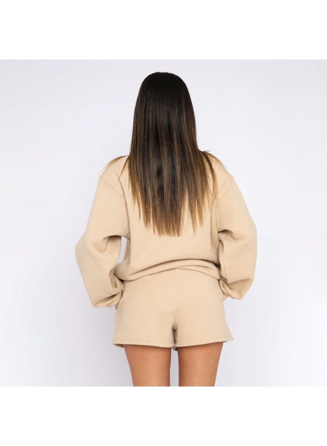 NIBEMINENT Women Suits Casual Fashion Solid O Neck Long Sleeve Sweatshirt High Waist Shorts  Autumn Simple Tracksuit - Image 2
