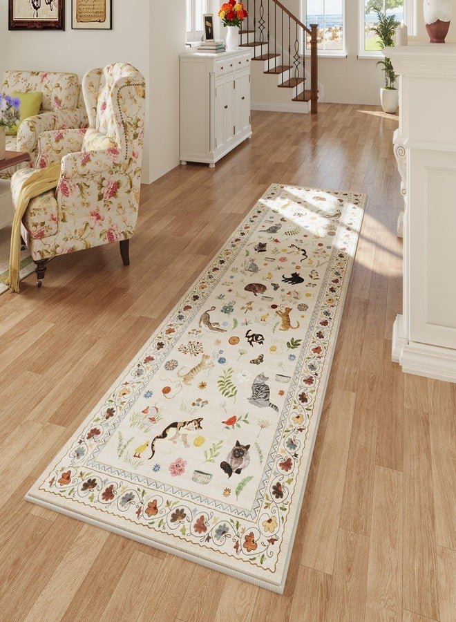 Rugcomf Runner Rug for Kitchen Non Slip 2'x6' Washable Rugs with Rubber Backing Soft Floral Animal Cat Carpet for Kitchen Laundry Bedroom Bathroom, Beige - Image 2