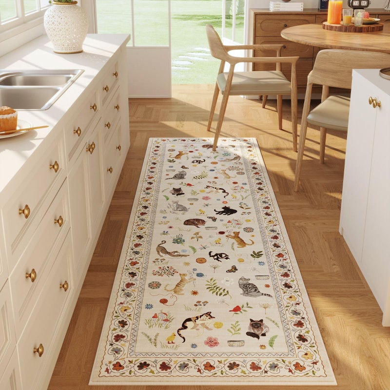 Rugcomf Runner Rug for Kitchen Non Slip 2'x6' Washable Rugs with Rubber Backing Soft Floral Animal Cat Carpet for Kitchen Laundry Bedroom Bathroom, Beige - Image 1