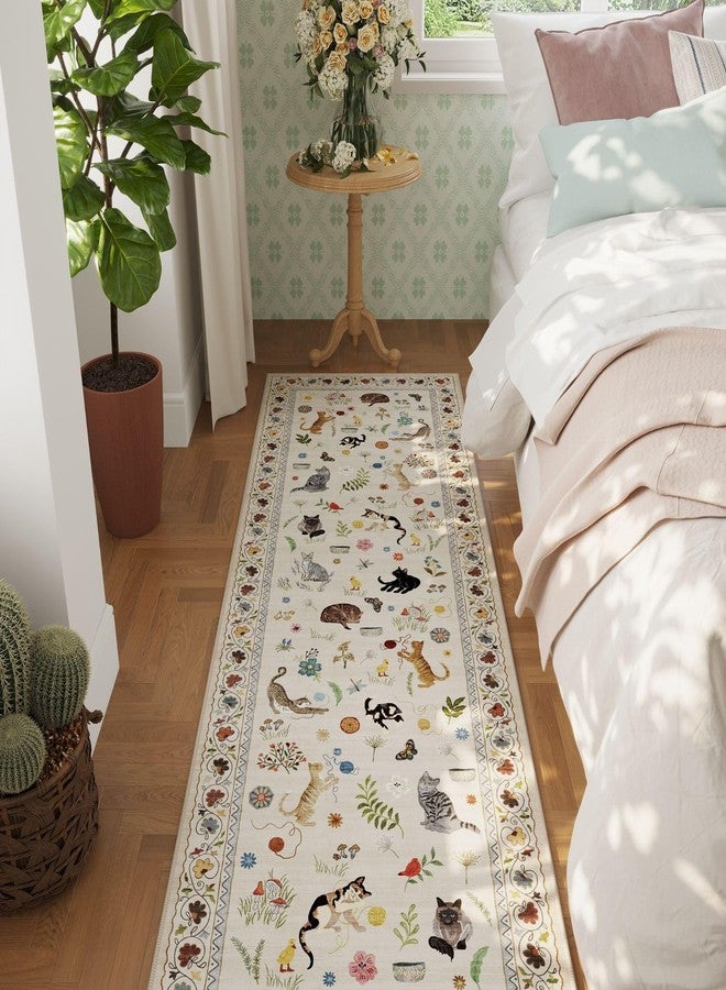 Rugcomf Runner Rug for Kitchen Non Slip 2'x6' Washable Rugs with Rubber Backing Soft Floral Animal Cat Carpet for Kitchen Laundry Bedroom Bathroom, Beige - Image 3