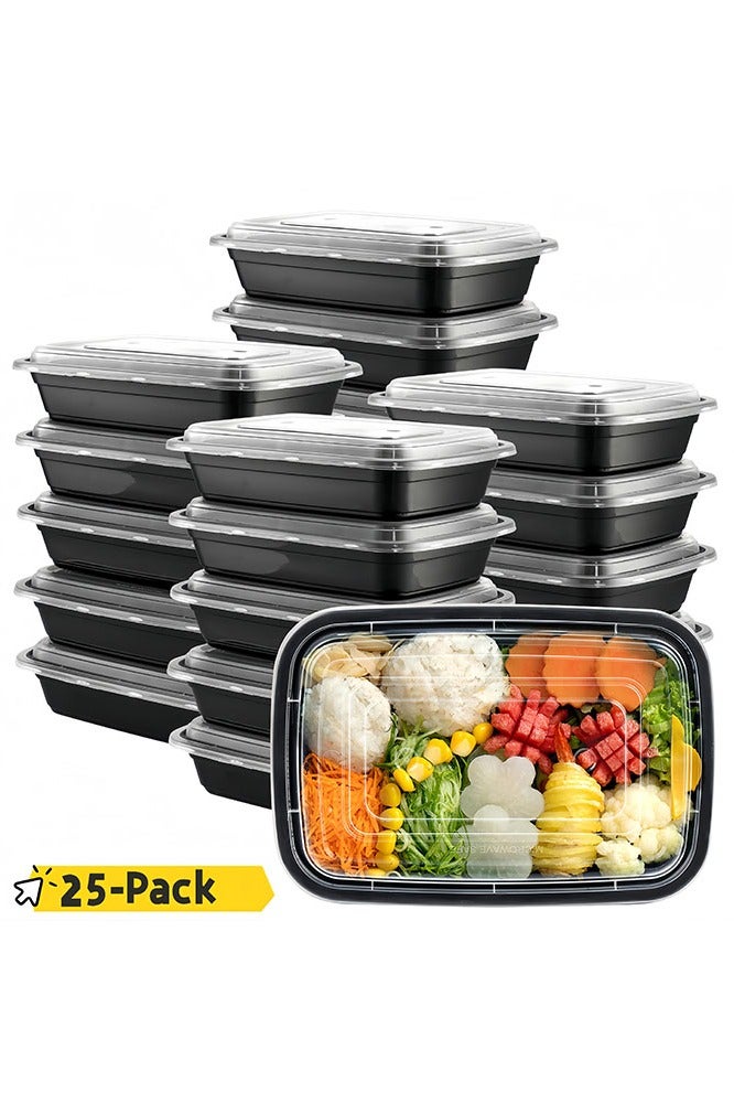 Disposable Plastic Food Containers with Lids 25 Pack, 1000ml Black Meal Prep Boxes, Microwave Freezer Safe Containers 22.6×15.2×5.2cm - Image 1