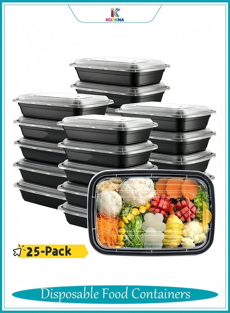 KOOKNA 25 Pack Plastic Food Containers,Meal Prep Containers with Lids,1000ml Disposable To Go Boxes for Takeaway,Plastic Tupper Ware, Microwave Safe for Home Kitchen Reasturant - Image 1