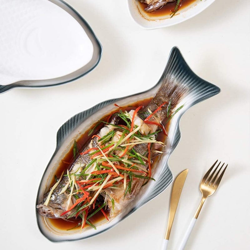 DOITOOL Fish Plate Fish Plate Ceramic Serving Platter Dish Fish Shape Textured Serving Dish Porcelain Serving Platter Food Tray Party Platter for Fruit or Cheese 109L x 57W - Image 3