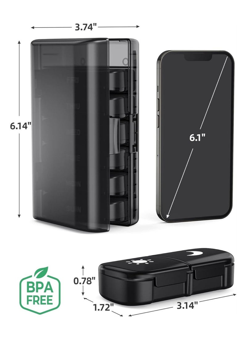 DMG TECH - Extra Large Weekly Pill Organizer 2 Times a Day, One-Side Open Pill Box 7 Day for Easy Filling, Black Privacy Protection AM PM Pill Case for Vitamins, Medication, Supplements, Fish Oils (Black) - Image 1