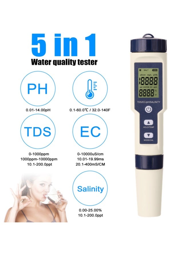 TFIXOL 5 in 1 Professional Multi-parameter Combo Testing Meter PH/EC/TDS/Salinity/Thermometer Digital Multi-Function Tester Water Quality Tester - Image 3