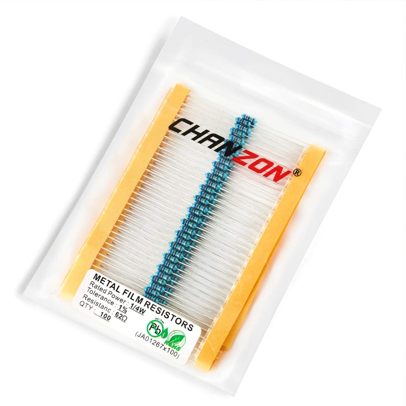 CHANZON 100pcs 1/4W (0.25W) 62 Ω ohm Metal Film Fixed Resistor 0.01 ±1% Tolerance 62R MF Through Hole Resistors Current Limiting Rohs Certificated - Image 3
