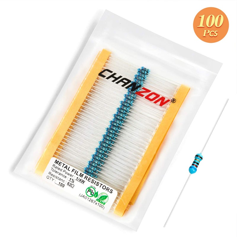 CHANZON 100pcs 1/4W (0.25W) 62 Ω ohm Metal Film Fixed Resistor 0.01 ±1% Tolerance 62R MF Through Hole Resistors Current Limiting Rohs Certificated - Image 5
