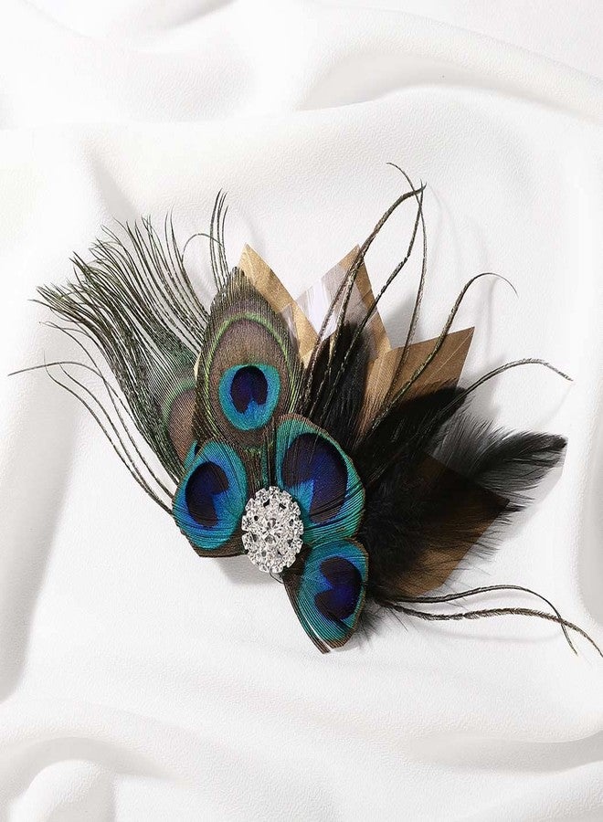 GENBREE 1920s Feather Hair Piece Peacock Hair Clip Crystal Cocktail Hair Accessories for Women and Girls (Pattern 1) - Image 2