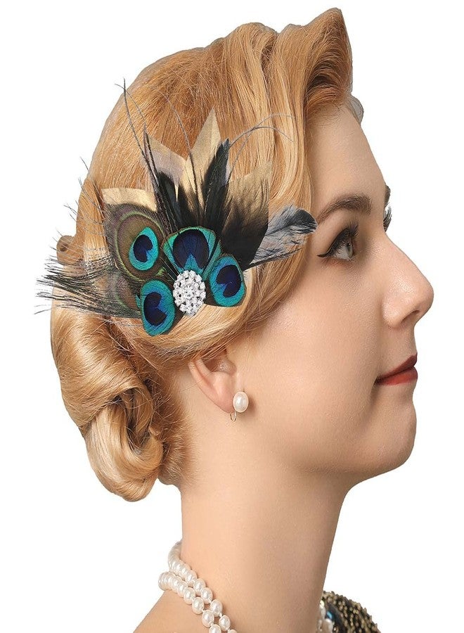 GENBREE 1920s Feather Hair Piece Peacock Hair Clip Crystal Cocktail Hair Accessories for Women and Girls (Pattern 1) - Image 4