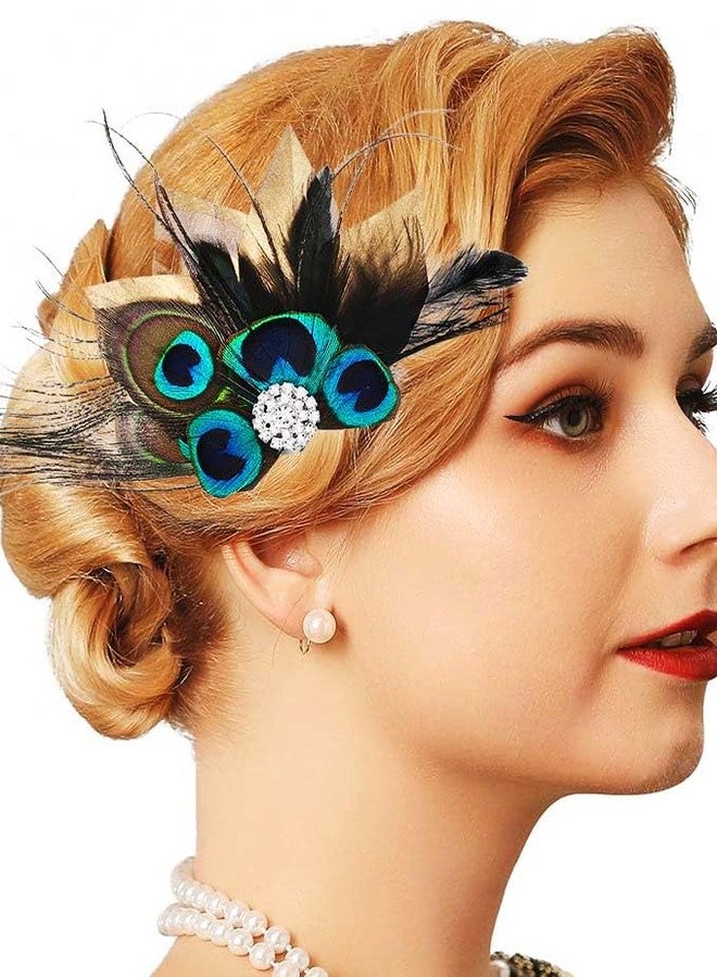GENBREE 1920s Feather Hair Piece Peacock Hair Clip Crystal Cocktail Hair Accessories for Women and Girls (Pattern 1) - Image 1