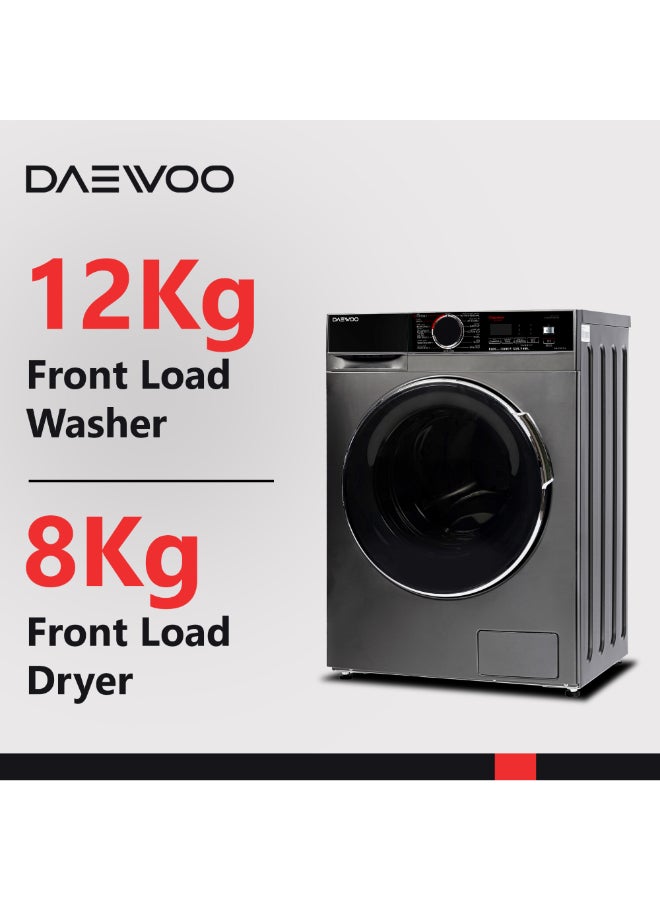 Daewoo 12KG Washer, 8kg Dryer, Front Load Washing Machine with Lunar Dial, 1400 RPM, 15 Programs, Fully Automatic, Digital LED Display, BLDC Inverter Motor, Turbo Wash, Drum Clean, Silver-DW-C2871SL-1 Year Warranty-Korean brand - Image 2