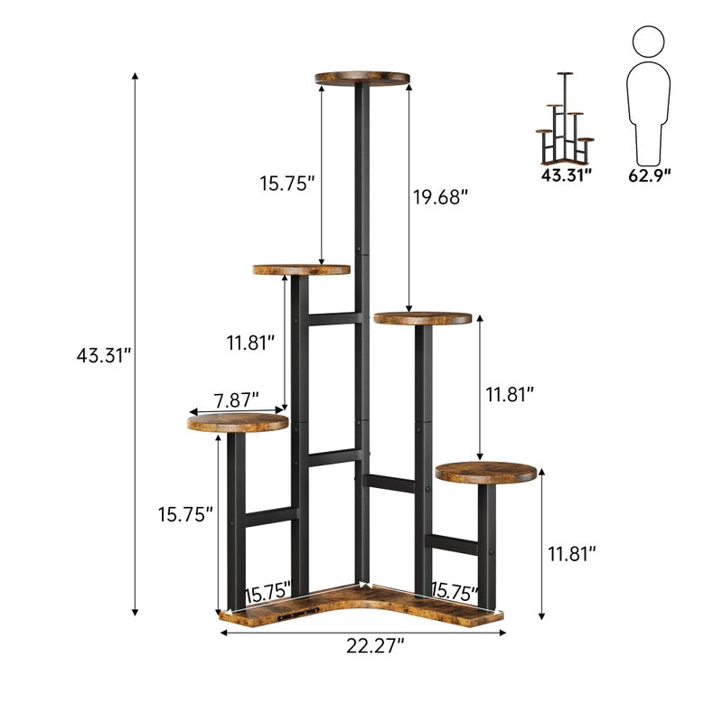 Yzosvki Corner Plant Stand Indoor, 6 Tiered Corner Plant Shelf Flower Stand for Multiple Plants, Plant Shelves Organizer Rack for Living Room, Balcony, Patio, Garden, Round Rustic Brown - Image 3