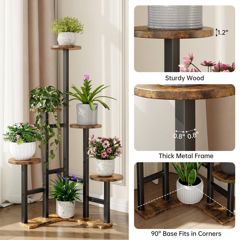 Yzosvki Corner Plant Stand Indoor, 6 Tiered Corner Plant Shelf Flower Stand for Multiple Plants, Plant Shelves Organizer Rack for Living Room, Balcony, Patio, Garden, Round Rustic Brown - Image 4