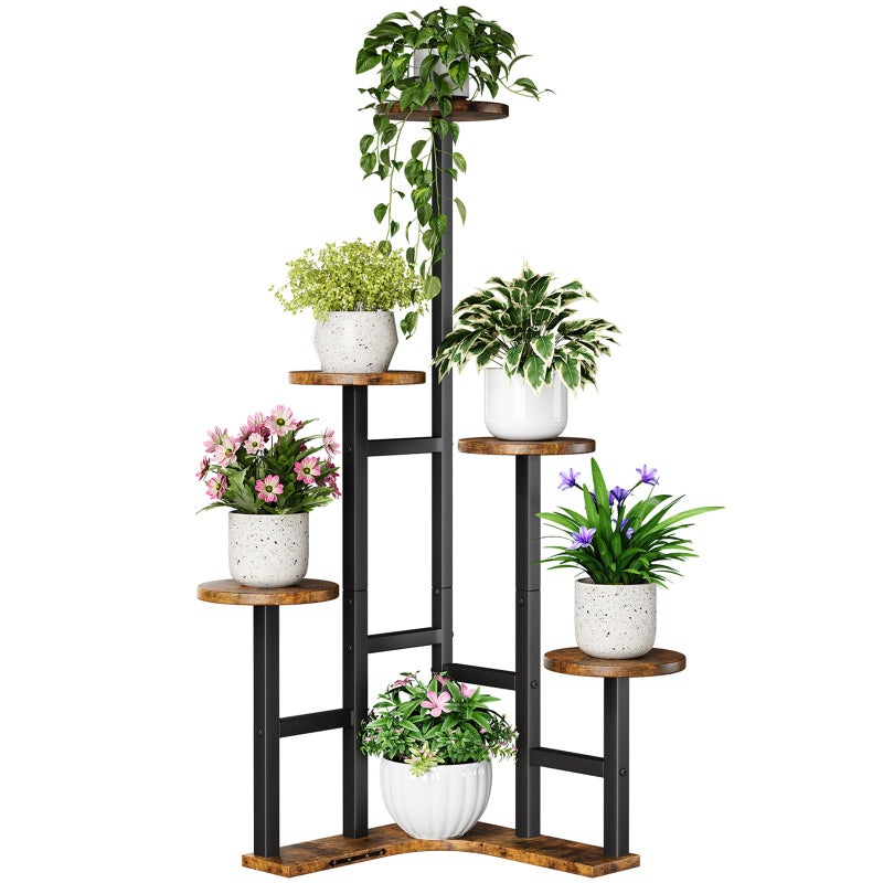 Yzosvki Corner Plant Stand Indoor, 6 Tiered Corner Plant Shelf Flower Stand for Multiple Plants, Plant Shelves Organizer Rack for Living Room, Balcony, Patio, Garden, Round Rustic Brown - Image 1