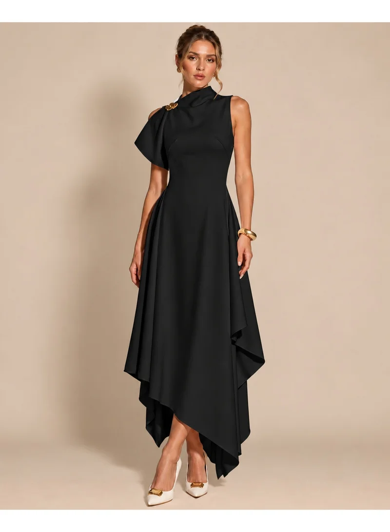 2Trendy Women's Black Asymmetric Midi Dress with High Neck and Draped Shoulder Detail