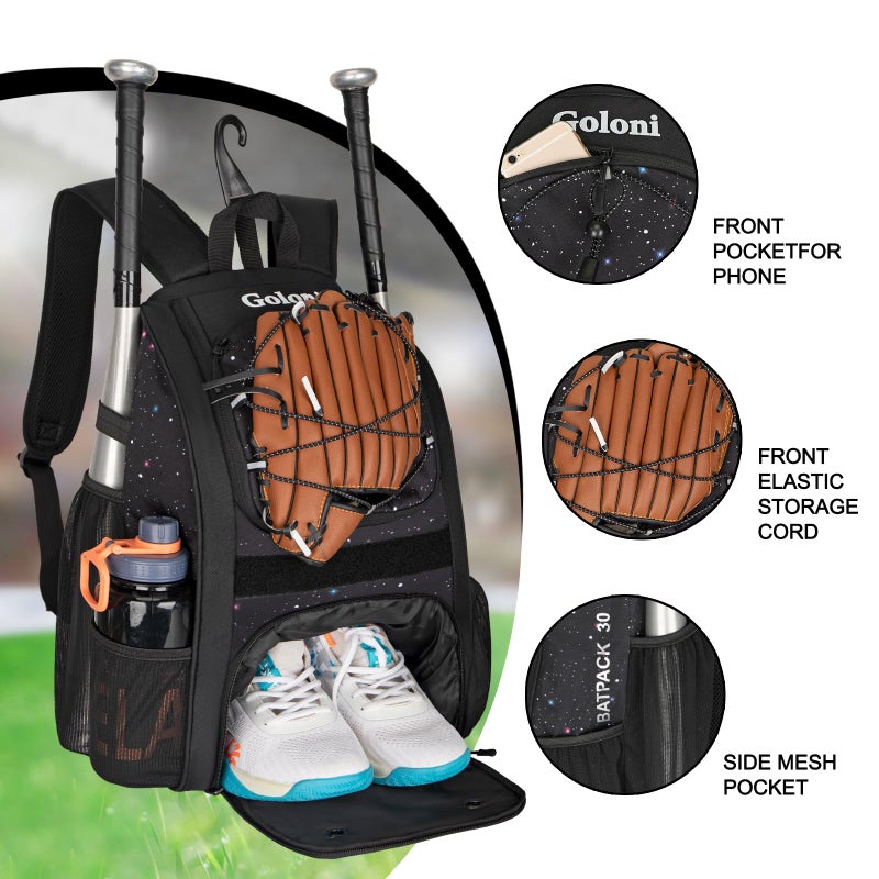 Goloni Youth Baseball Bag,Baseball Backpack with Shoes Compartment,Softball Bag with Fence Hook for T-Ball Bat & Equipment, for Batting Mitten, Helmet - Image 4