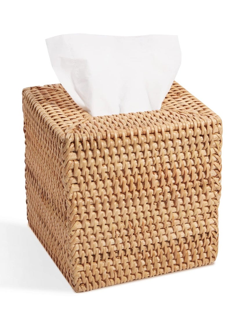 Y&D Tissue Box Cover, Square Rattan Holder, Decorative Holder/Organizer for Bathroom Vanity Countertop, Night Stands, Office Desk, Facial Napkin Holder Organizer  - Image 1