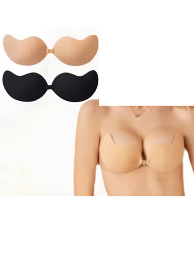 Jomo Store Push-Up Self-Adhesive Silicone Strapless Bra - Front Closure, Invisible, 2-Piece Set (Black & Beige) - Image 2