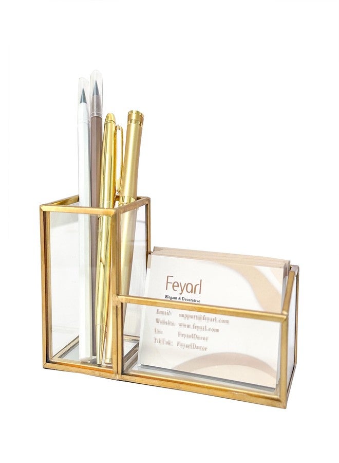 Feyarl Gold Glass Business Card Holder Pen Pencil Holder Desktop Business Name Card Office Accessory Display Stand Organizer Case for Office Desktop Meeting Countertop - Image 1