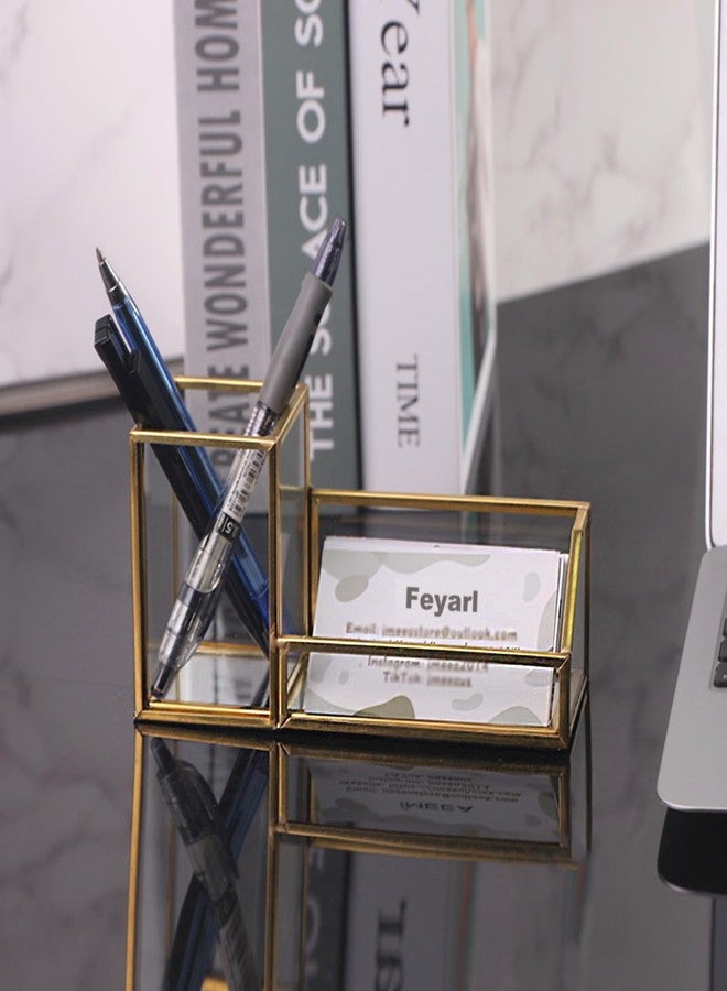 Feyarl Gold Glass Business Card Holder Pen Pencil Holder Desktop Business Name Card Office Accessory Display Stand Organizer Case for Office Desktop Meeting Countertop - Image 3