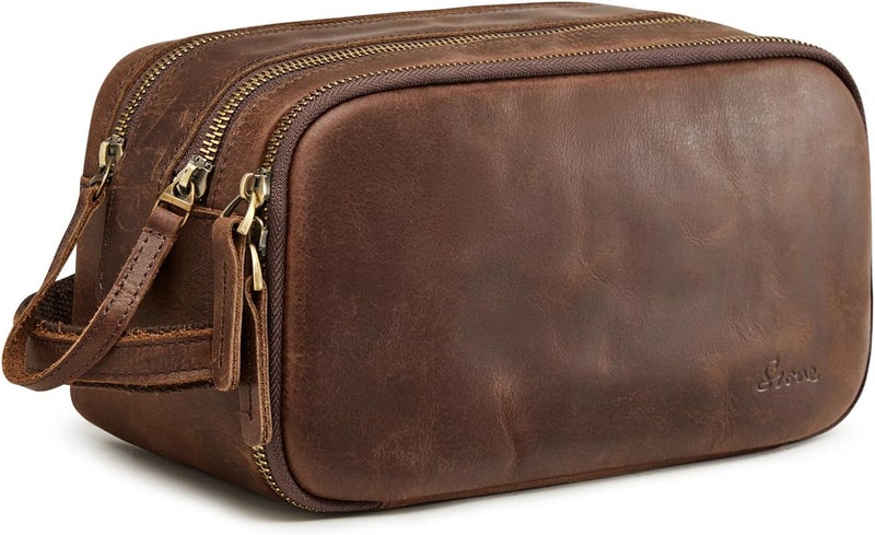 S-ZONE Leather Travel Toiletry Bag for Men Women Traveling Cosmetic Shaving Bags Dopp Kit