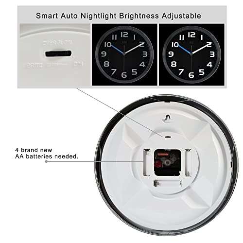 HITO 12 Inch Night Light Wall Clock Battery Operated Brightness Adjustable, Metal Frame, Glass Cover(Hands + Numbers Illuminate) - Image 4