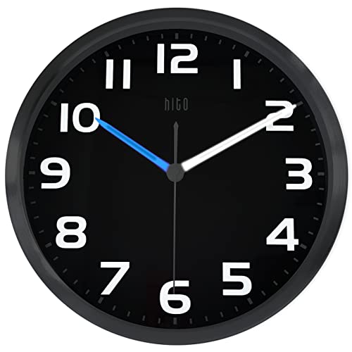 HITO 12 Inch Night Light Wall Clock Battery Operated Brightness Adjustable, Metal Frame, Glass Cover(Hands + Numbers Illuminate) - Image 1