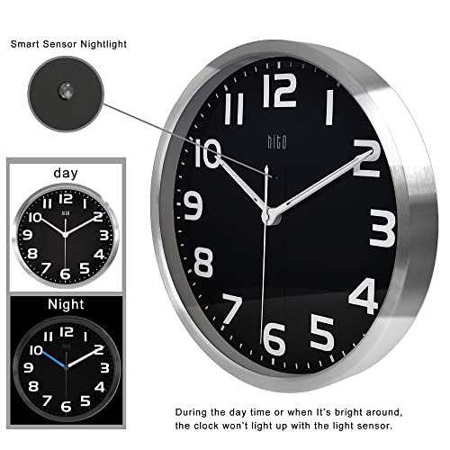 HITO 12 Inch Night Light Wall Clock Battery Operated Brightness Adjustable, Metal Frame, Glass Cover(Hands + Numbers Illuminate) - Image 3
