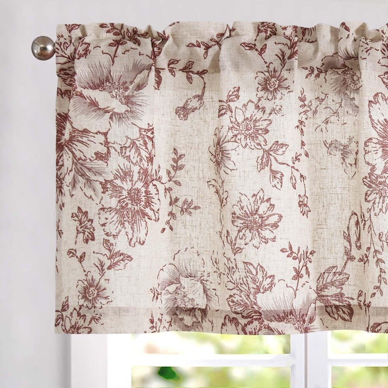 Vangao Linen Valance Curtain Farmhouse Red Floral Window Valance for Bedroom, 16 Inch French Country Flower Small Drapes for Kitchen Light Filtering Window Treatments Rod Pocket 1 Panel - Image 1
