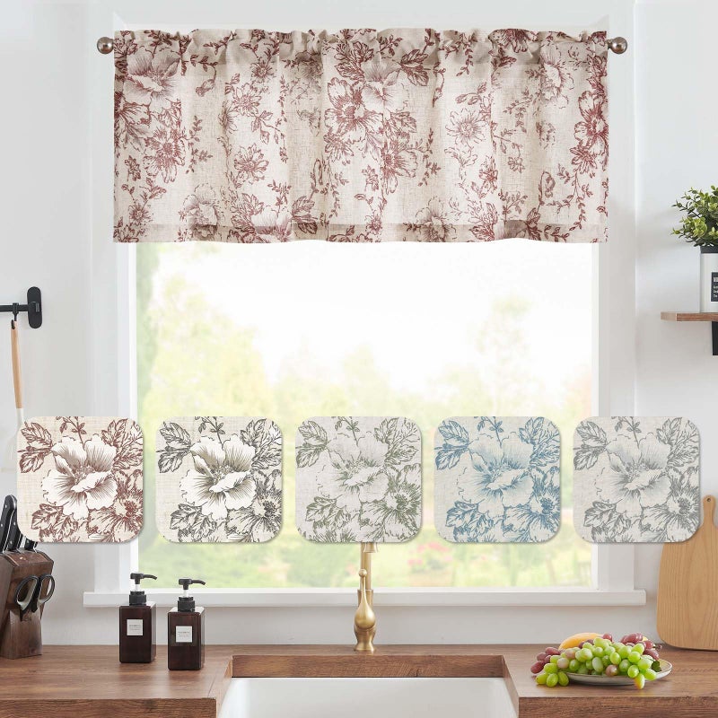 Vangao Linen Valance Curtain Farmhouse Red Floral Window Valance for Bedroom, 16 Inch French Country Flower Small Drapes for Kitchen Light Filtering Window Treatments Rod Pocket 1 Panel - Image 2