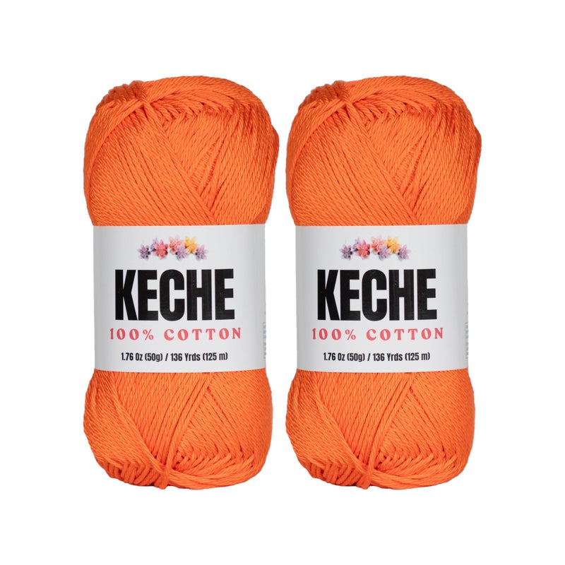 KECHE Cotton Yarn - 100% Cotton Yarn for Crocheting and Knitting, Mercerized Cotton Amigurumi Yarn Fine-Sport 2 1.76 oz (50g) / 136 Yrds (125 m) 2 Skeins - Orange - Image 1