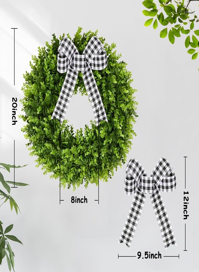 Vlorart 20" Boxwood Wreath for Front Door with Sash & Plaid Bow, Full Lush Artificial Greenery Wreath for Spring Summer Farmhouse Wall, Window & Wedding Decor - Image 2