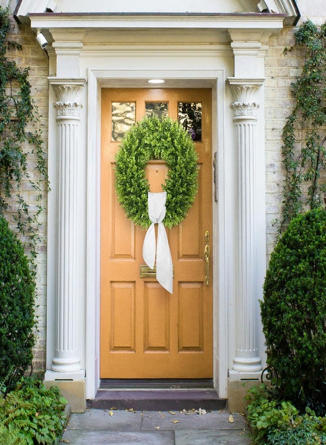Vlorart 20" Boxwood Wreath for Front Door with Sash & Plaid Bow, Full Lush Artificial Greenery Wreath for Spring Summer Farmhouse Wall, Window & Wedding Decor - Image 3