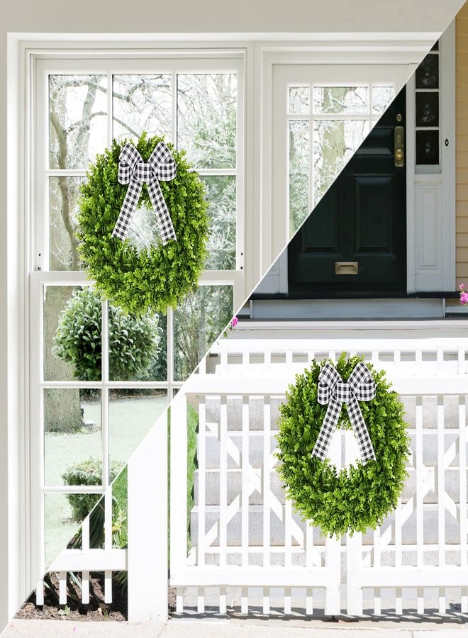 Vlorart 20" Boxwood Wreath for Front Door with Sash & Plaid Bow, Full Lush Artificial Greenery Wreath for Spring Summer Farmhouse Wall, Window & Wedding Decor - Image 5